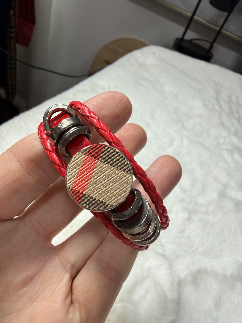 Burberry upcycled red leather bracelet snap adjustable closure